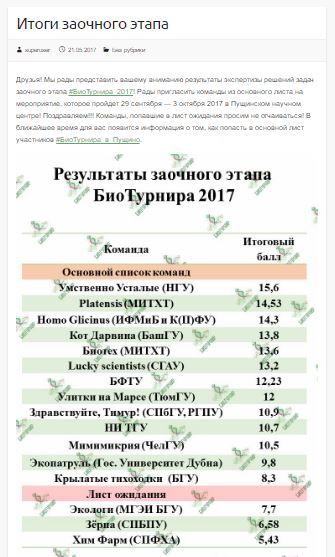 Победа студентов направления подготовки 19.03.01 Биотехнология в заочном отборе БиоТурнира-2017 Фото 1