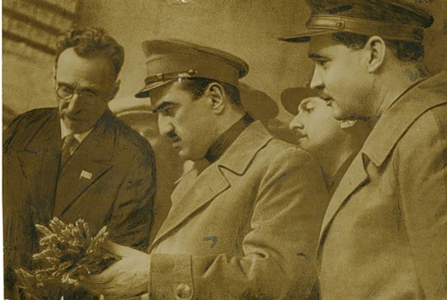 Г.К. Мейстер демонстрирует безостую твердую пшеницу т. Микояну и т. Кривицкому, 1936 г.